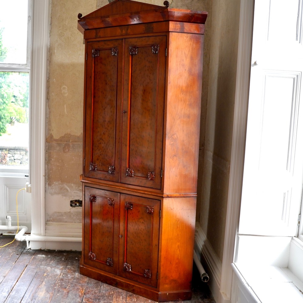 A tall, two-tier William IV corner cupboard crafted from dark plum pudding mahogany, featuring panelled double doors on both top and bottom sections with carved detail and a pediment top. View X