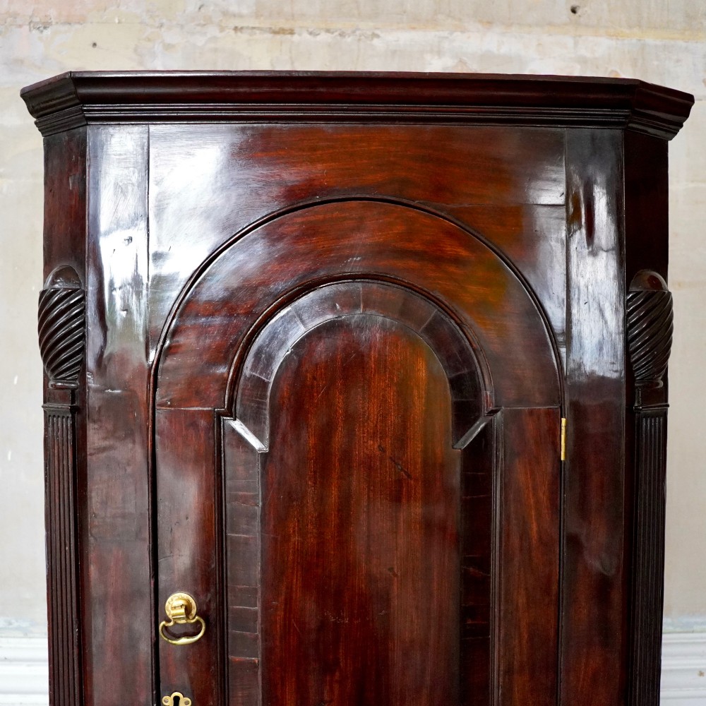 Mid-18th century Georgian mahogany hanging corner cupboard featuring an arched panelled door, brass hardware, and fluted pilasters. View V