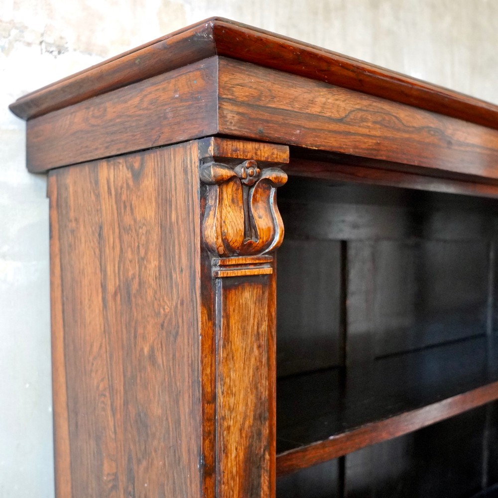 An antique William IV rosewood open bookcase featuring two adjustable shelves, a solid plinth base, and carved scroll capitals atop side pilasters. View IV