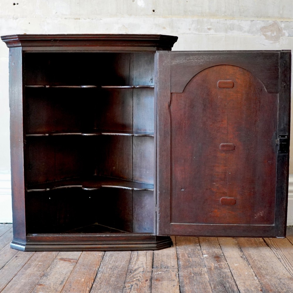 A dark oak George III wall-hanging corner cupboard featuring an arched fielded panel door, moulded cornice, and brass escutcheon. View III