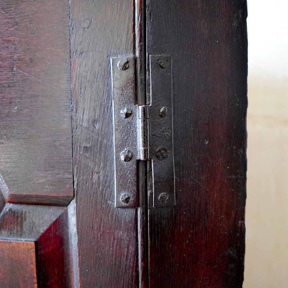 A dark oak George III wall-hanging corner cupboard featuring an arched fielded panel door, moulded cornice, and brass escutcheon. View XI