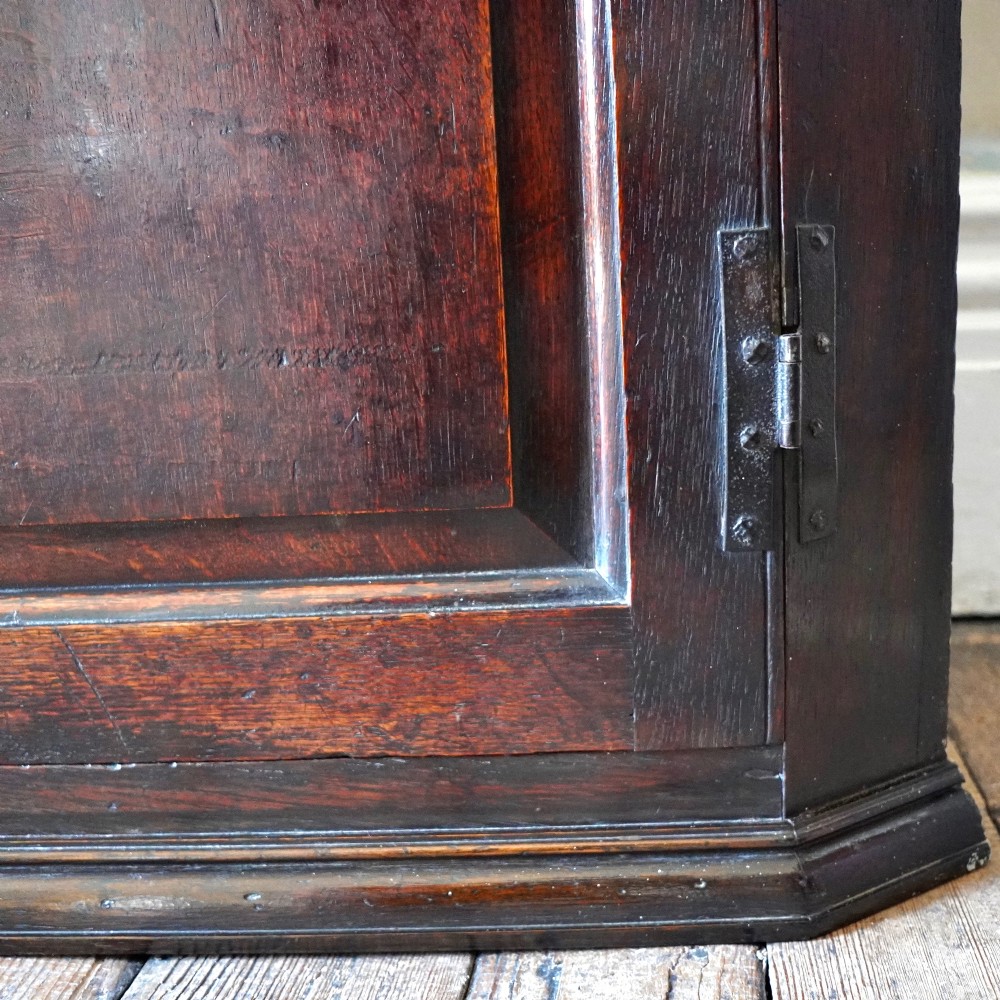 A dark oak George III wall-hanging corner cupboard featuring an arched fielded panel door, moulded cornice, and brass escutcheon. View XII