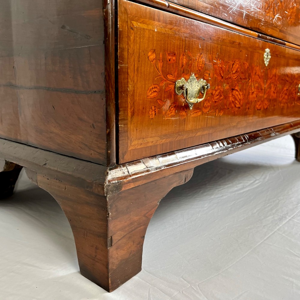 A tall Georgian walnut escritoire bureau featuring floral marquetry inlay on the fall-front flap and lower drawers with brass drop handles. View V