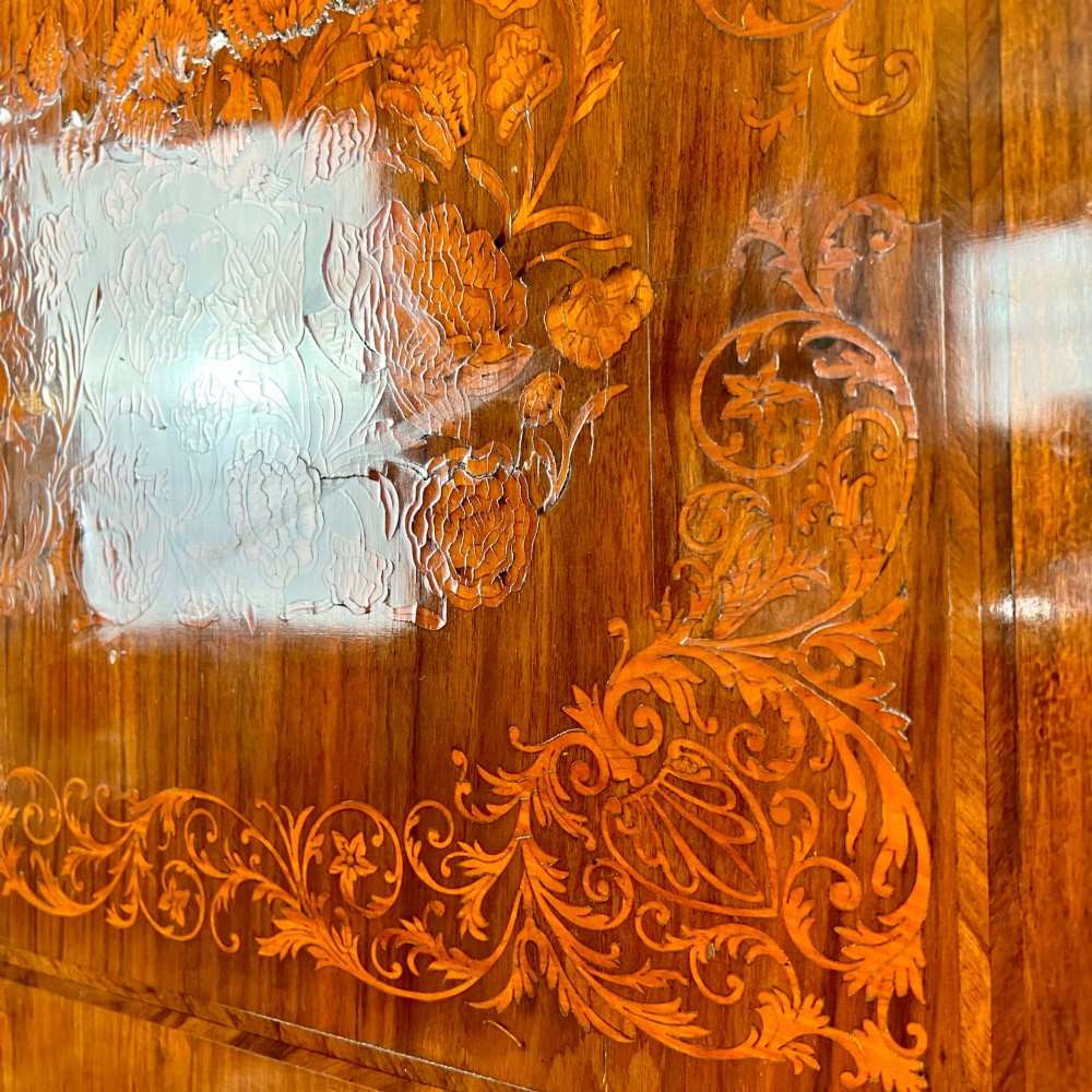 A tall Georgian walnut escritoire bureau featuring floral marquetry inlay on the fall-front flap and lower drawers with brass drop handles. View VI