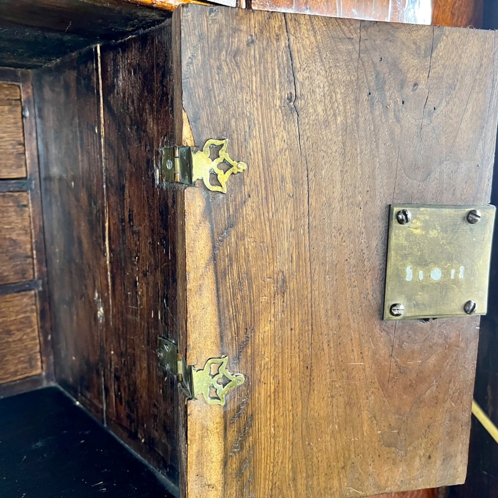 A tall Georgian walnut escritoire bureau featuring floral marquetry inlay on the fall-front flap and lower drawers with brass drop handles. View XI