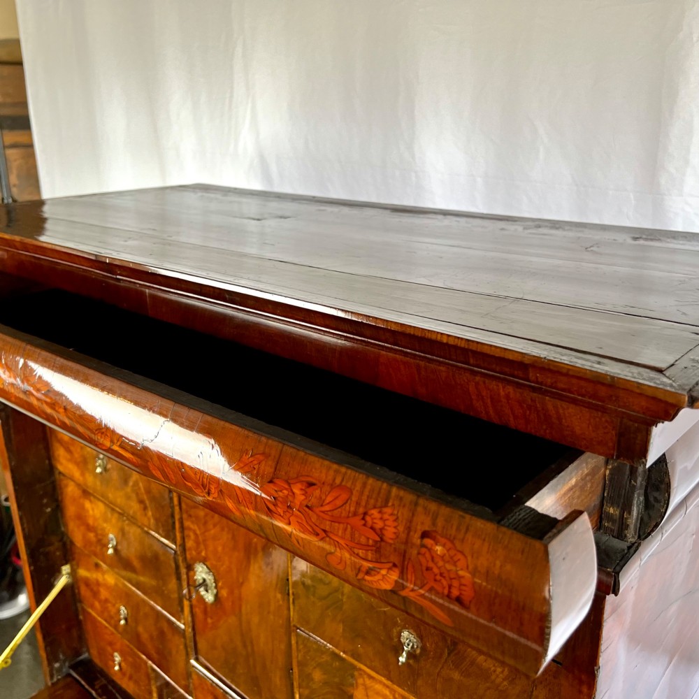 A tall Georgian walnut escritoire bureau featuring floral marquetry inlay on the fall-front flap and lower drawers with brass drop handles. View XII