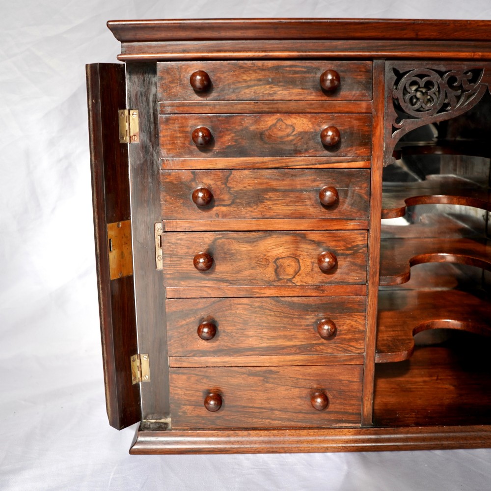 A Regency period dark rosewood tabletop collectors cabinet featuring twin banks of small drawers flanking a central mirrored shelf unit with Gothic arched carving. View VIII