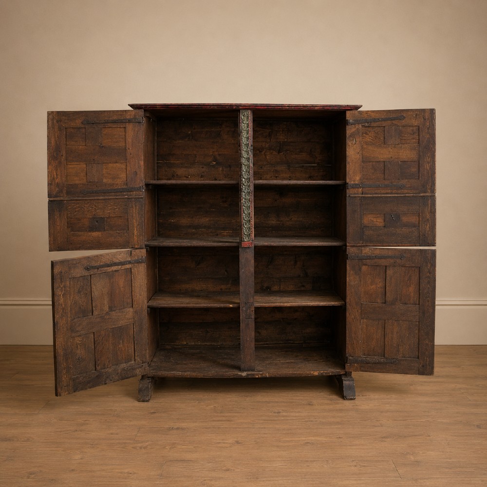 A tall seventeenth-century Spanish oak press cupboard featuring double upper and lower doors decorated with geometric raised panels and painted polychrome geometric patterns. View XV