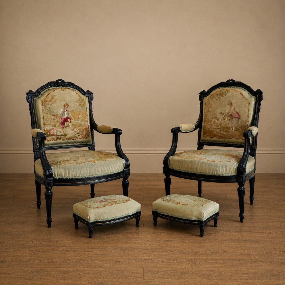 A pair of ebonised beech Louis XVI Revival salon armchairs featuring carved frames, fluted legs, padded armrests, and tapestry upholstery, accompanied by matching footstools.
