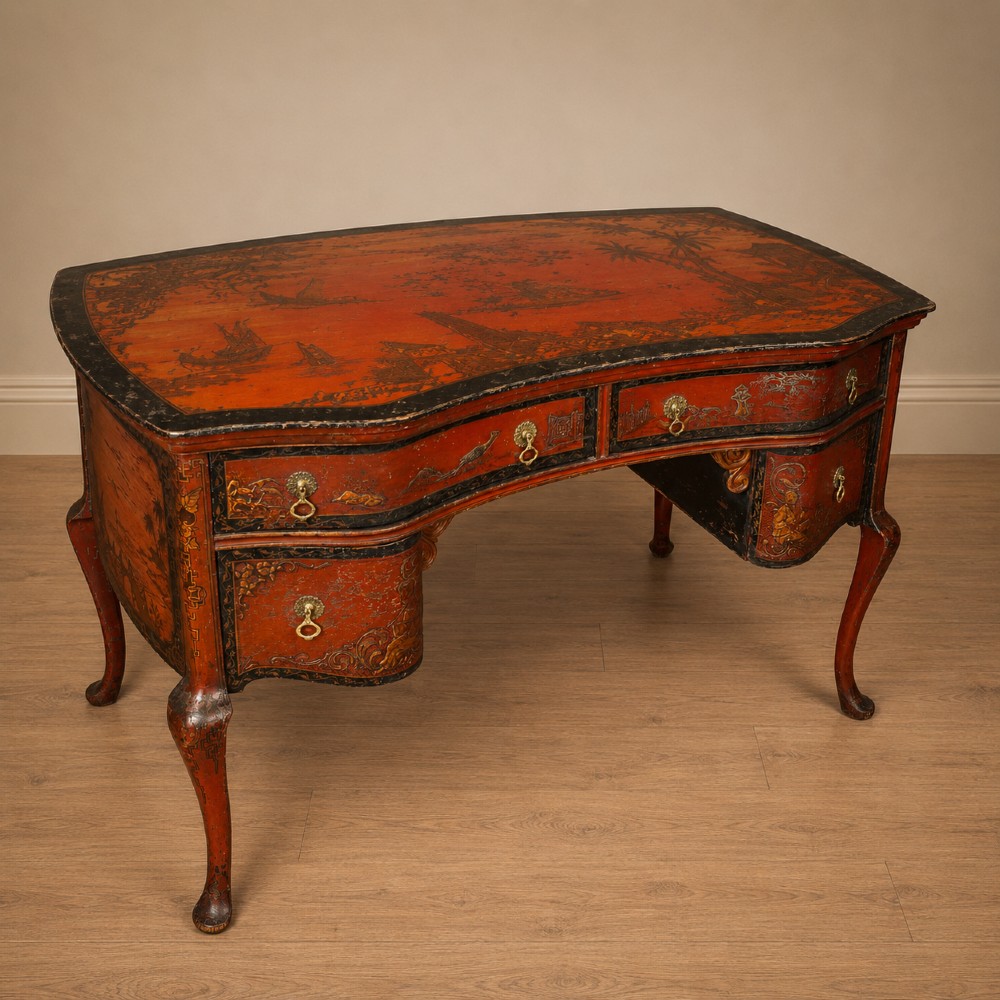 A late nineteenth-century kidney-shaped red lacquered Chinoiserie dressing table featuring four drawers, hand-painted oriental scenes, and cabriole legs. View XIV