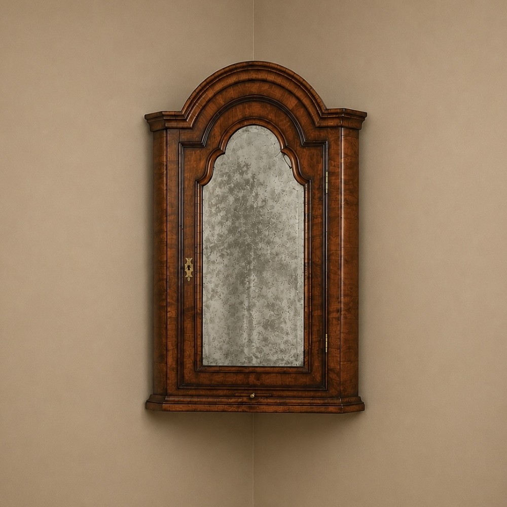 A Queen Anne walnut hanging corner cupboard featuring a double-moulded arched cornice, a mirrored door panel, and an integrated candle slide.