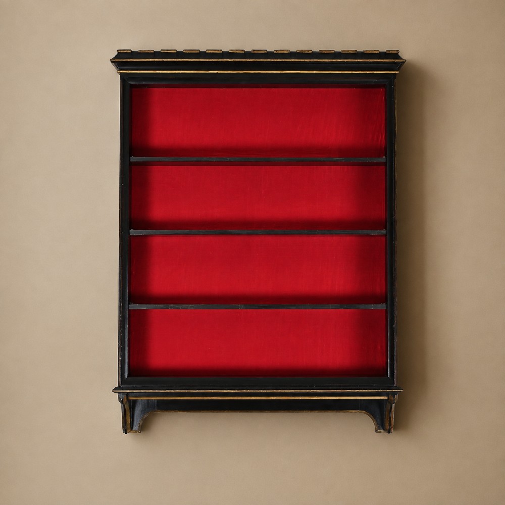 An ebonised Victorian Gothic Revival wall-mounted open bookcase featuring four shelves backed with red fabric and framed with dark architectural moulding.