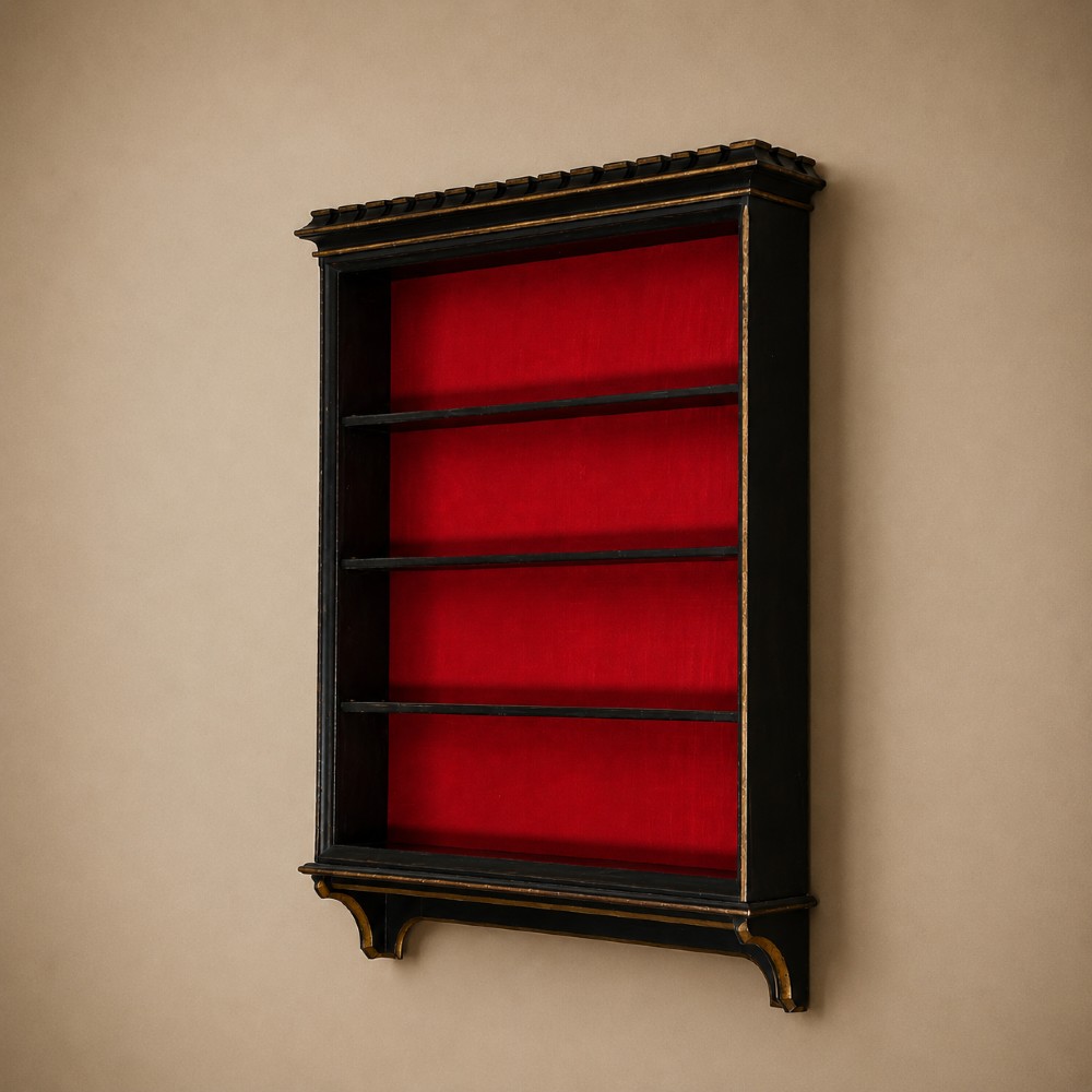 An ebonised Victorian Gothic Revival wall-mounted open bookcase featuring four shelves backed with red fabric and framed with dark architectural moulding. View VI