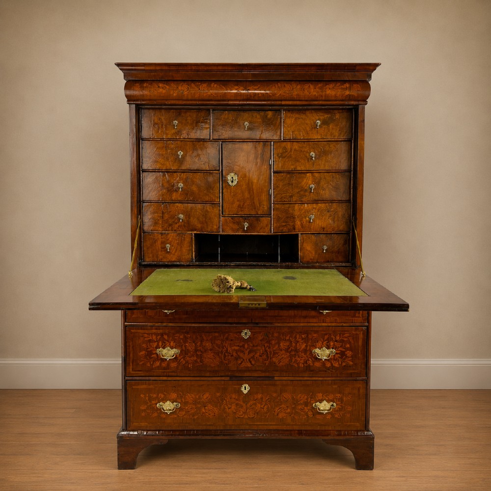 A tall Georgian walnut escritoire bureau featuring floral marquetry inlay on the fall-front flap and lower drawers with brass drop handles. View XIV