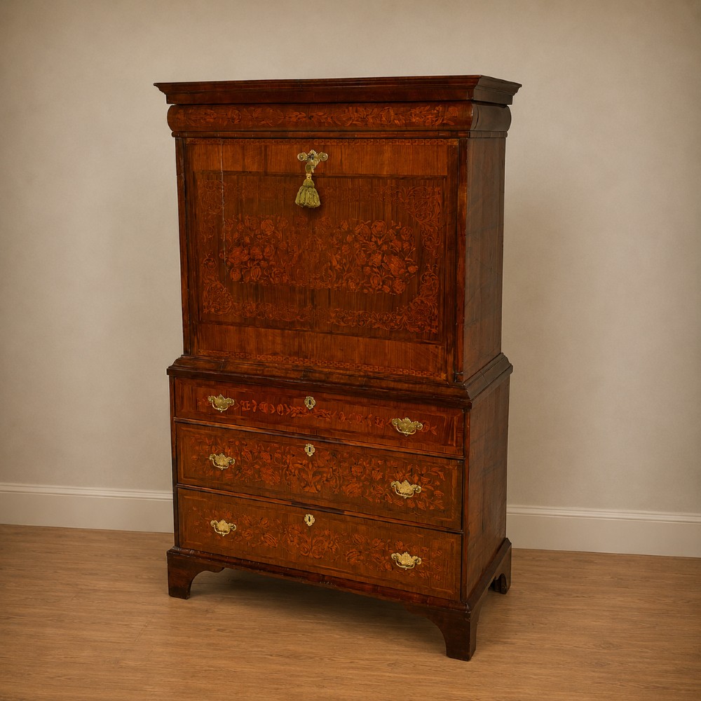A tall Georgian walnut escritoire bureau featuring floral marquetry inlay on the fall-front flap and lower drawers with brass drop handles. View XV