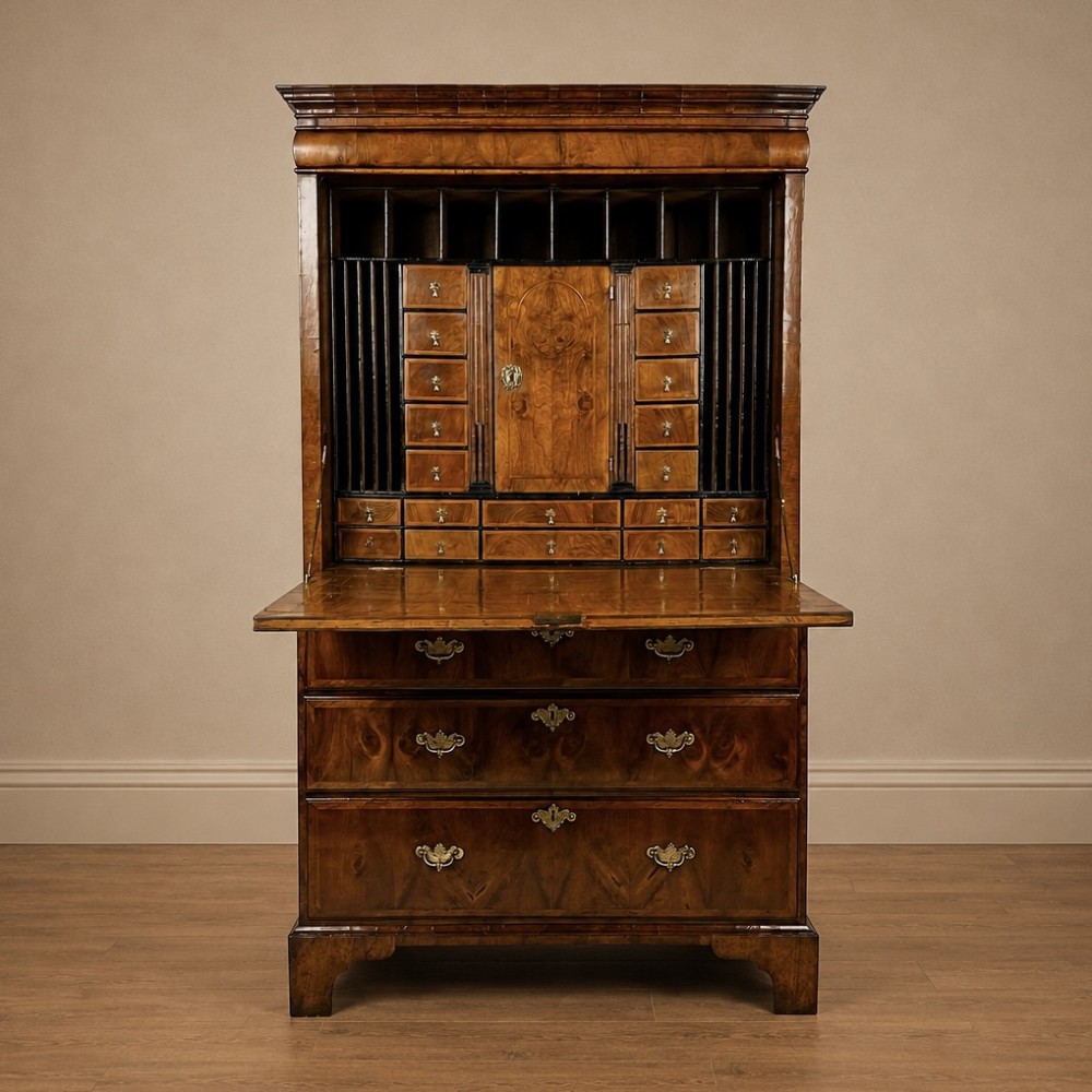 An eighteenth-century early Georgian figured walnut escritoire featuring an open fall-front revealing a detailed fitted interior above a lower chest of drawers with brass handles.