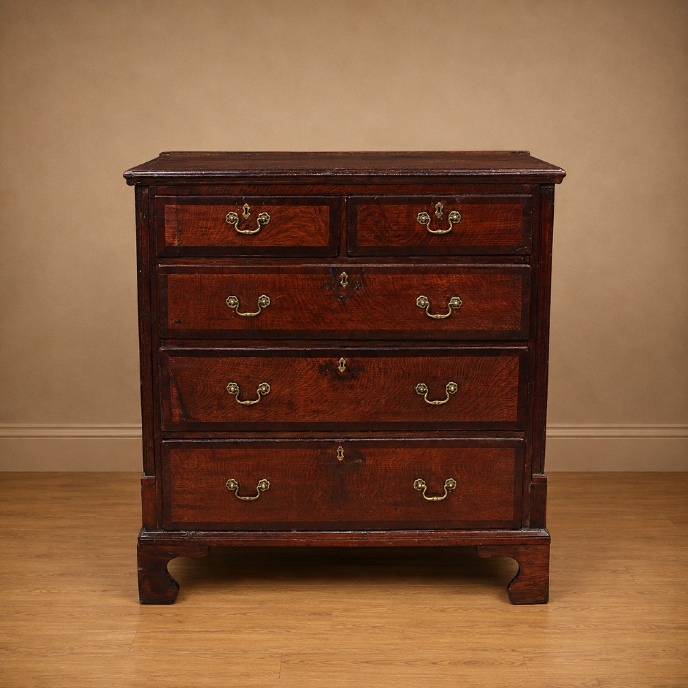 A Georgian dark oak chest of drawers featuring two short drawers over three long drawers with mahogany crossbanding and brass swan-neck handles.