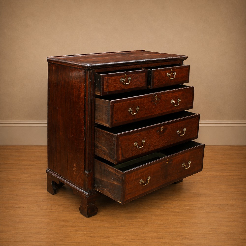 A Georgian dark oak chest of drawers featuring two short drawers over three long drawers with mahogany crossbanding and brass swan-neck handles. View III