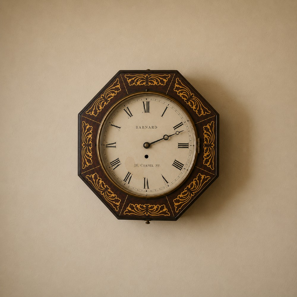 An octagonal Regency period wall clock in dark mahogany wood with intricate brass foliate inlay and a white dial featuring Roman numerals.