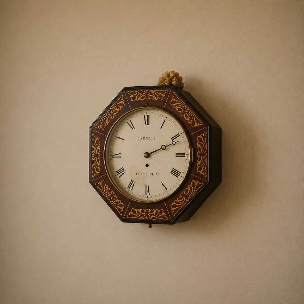 An octagonal Regency period wall clock in dark mahogany wood with intricate brass foliate inlay and a white dial featuring Roman numerals. View II