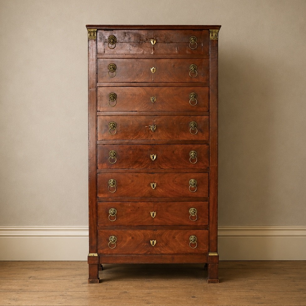 A 19th-century French Empire walnut secretaire cabinet featuring multiple drawers, brass lion-head ring handles, and fall-front writing compartments. View XIII