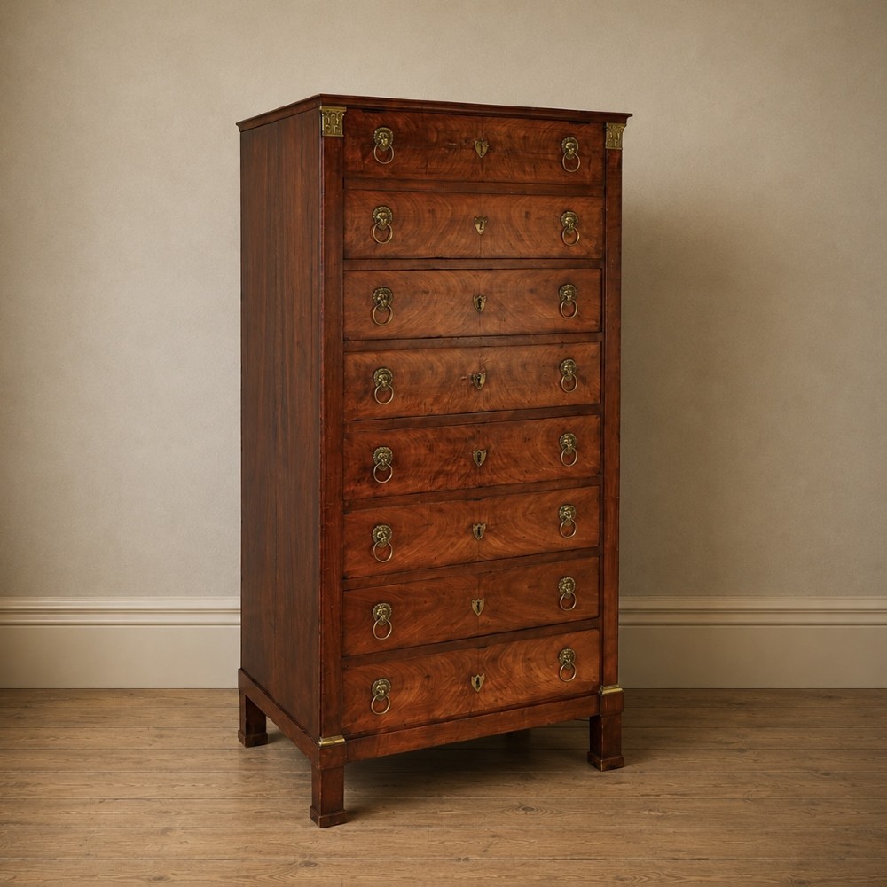 A 19th-century French Empire walnut secretaire cabinet featuring multiple drawers, brass lion-head ring handles, and fall-front writing compartments. View XV