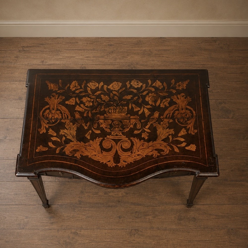 An 18th-century Dutch walnut side table featuring a serpentine front, floral marquetry inlay, a single drawer, and four square tapered legs. View III
