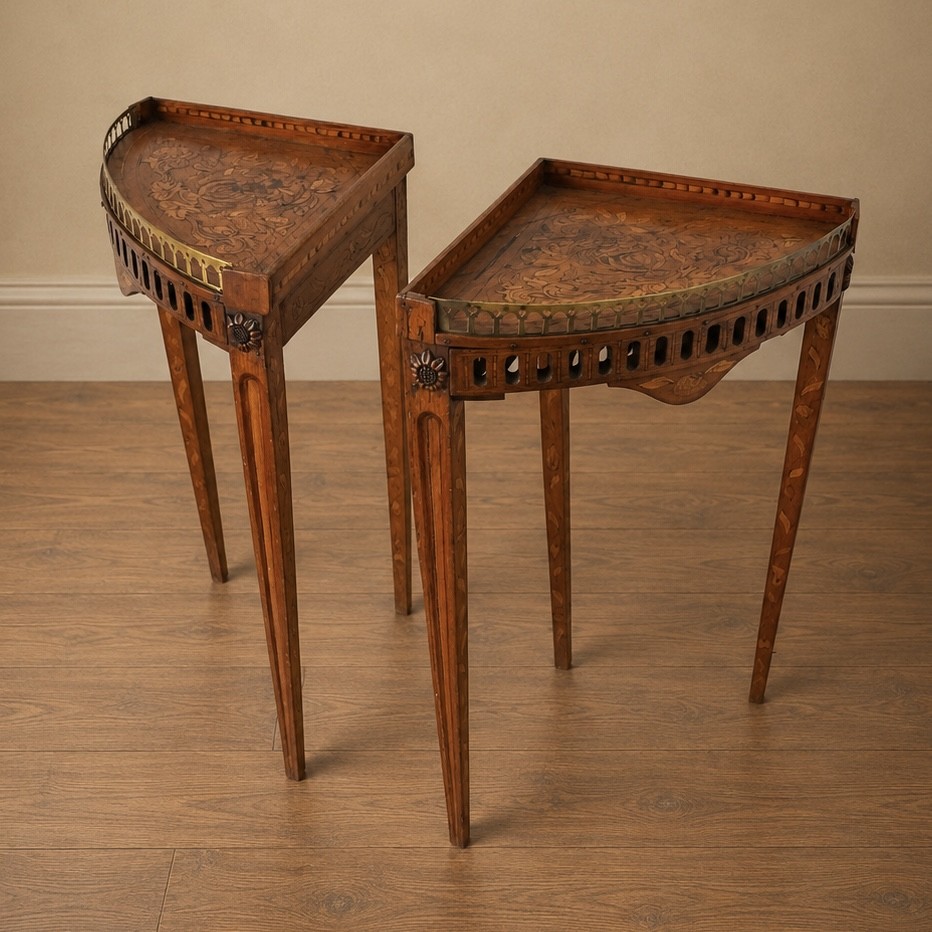 A pair of 18th-century triangular corner tables featuring detailed floral marquetry top surfaces, pierced friezes, tapering legs, and brass galleries. View X