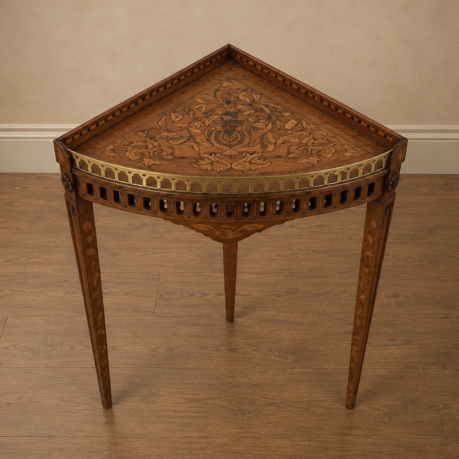 A pair of 18th-century triangular corner tables featuring detailed floral marquetry top surfaces, pierced friezes, tapering legs, and brass galleries. View XI