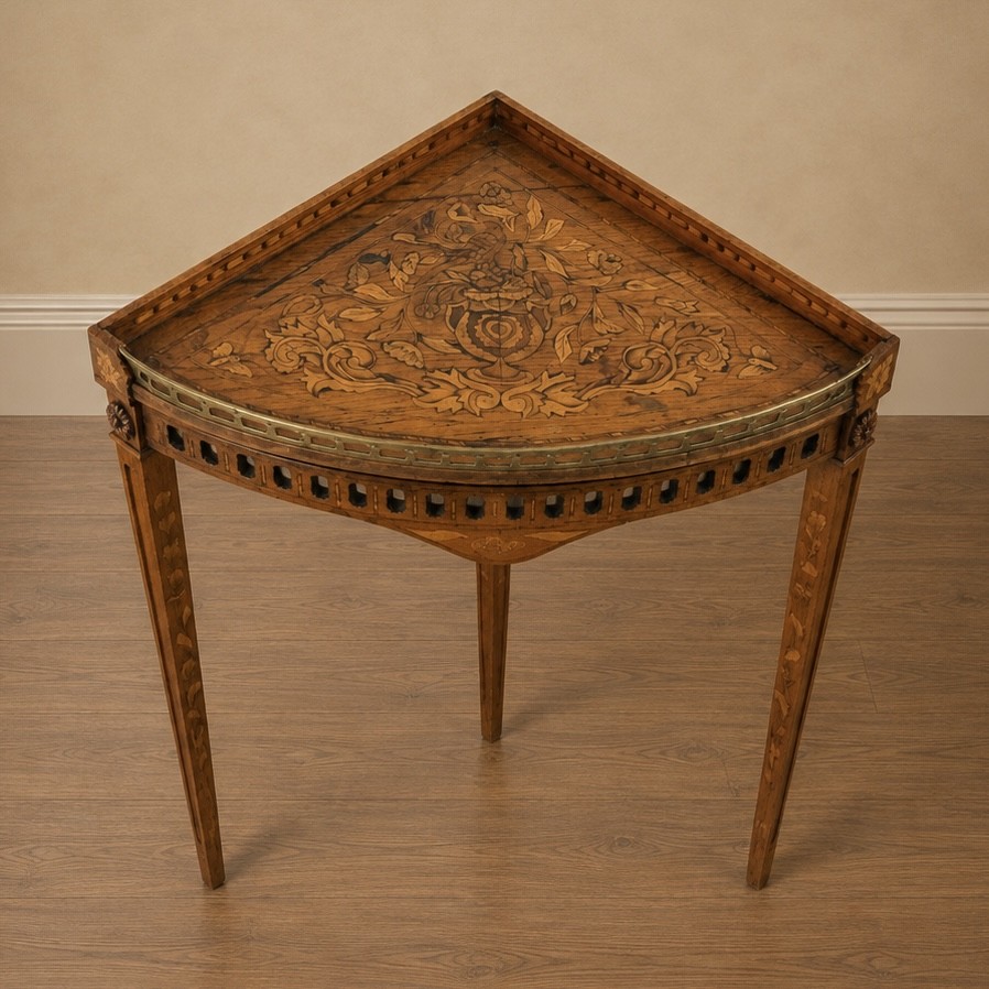 A pair of 18th-century triangular corner tables featuring detailed floral marquetry top surfaces, pierced friezes, tapering legs, and brass galleries. View XII