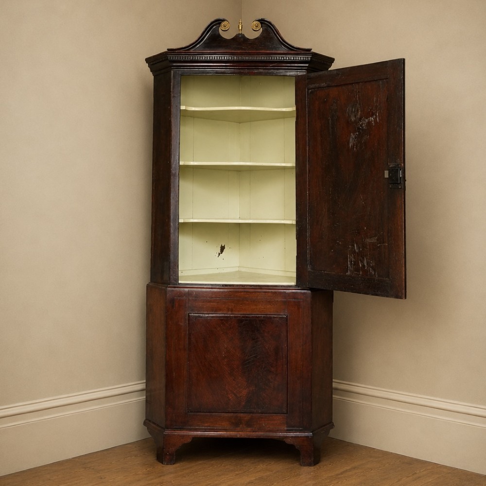 A tall George III standing mahogany corner cupboard featuring a swan-neck pediment with central brass finial and upper and lower fielded panel doors. View XI
