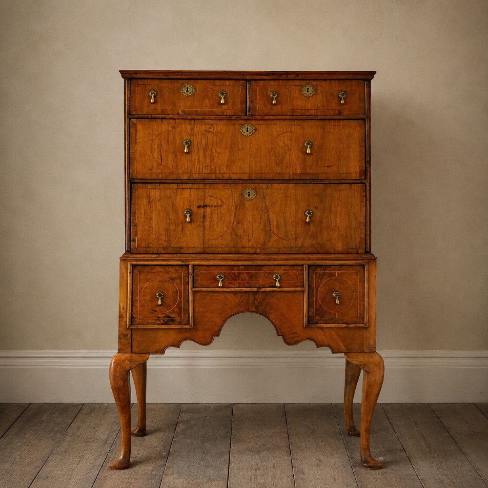 An early 18th-century Queen Anne walnut chest on stand featuring crossbanded drawers, brass teardrop handles, and cabriole legs.