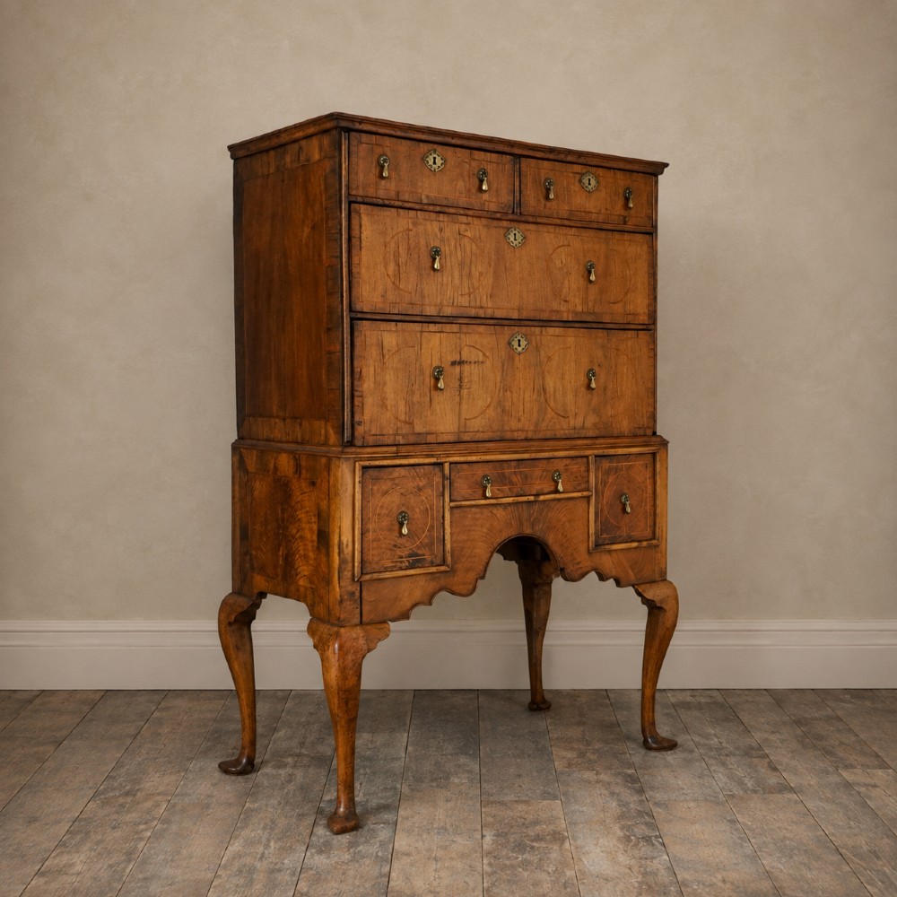An early 18th-century Queen Anne walnut chest on stand featuring crossbanded drawers, brass teardrop handles, and cabriole legs. View XIV
