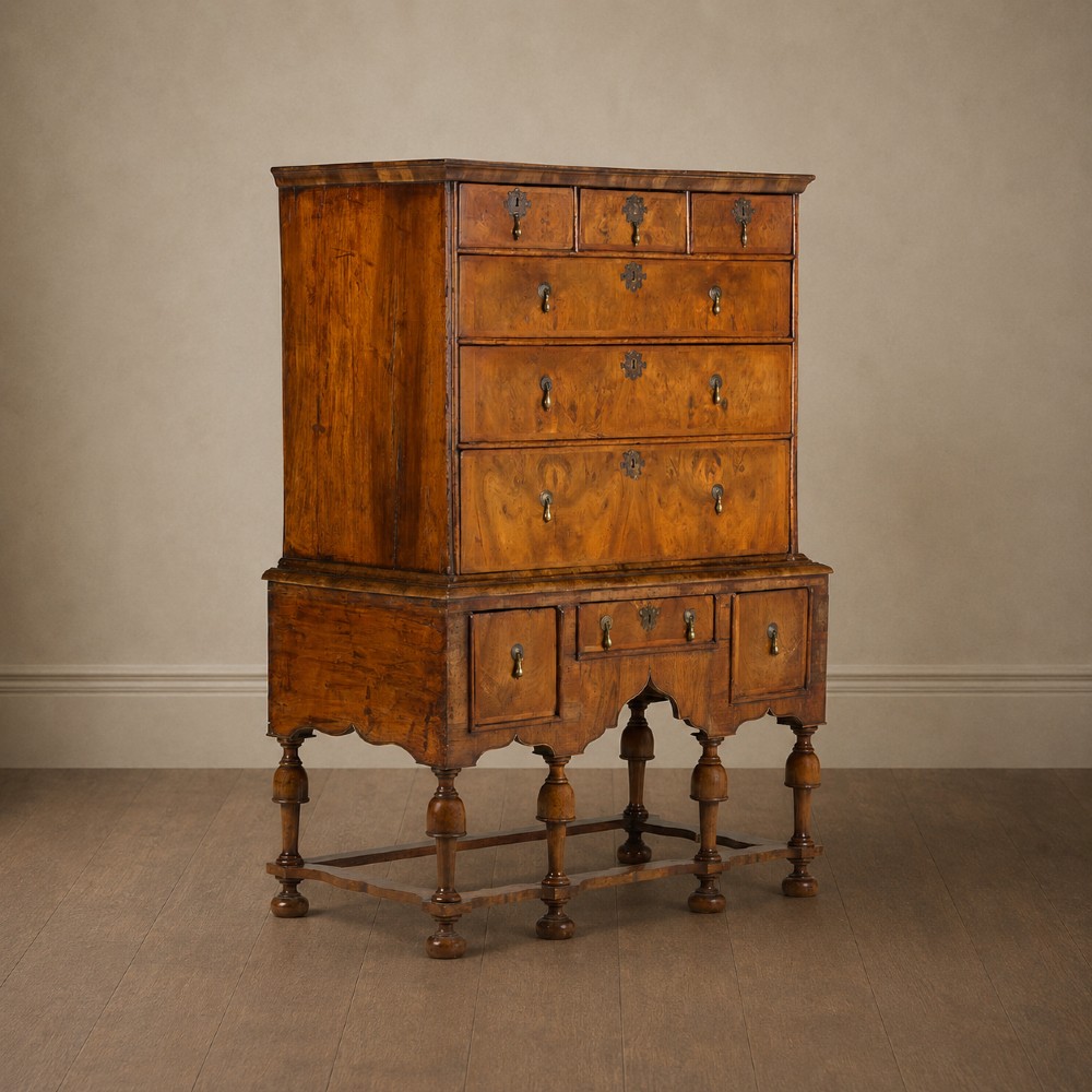 An early eighteenth-century Queen Anne walnut chest on stand featuring multiple drawers, brass teardrop handles, a shaped apron, and turned legs connected by stretchers. View XIV