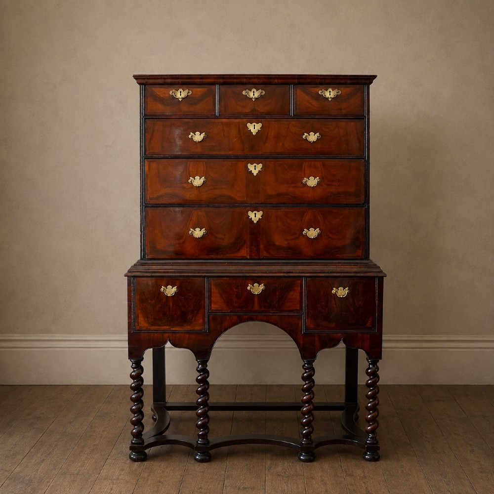 A George I period figured walnut chest on stand featuring engraved brass escutcheons and six barley-twist legs.