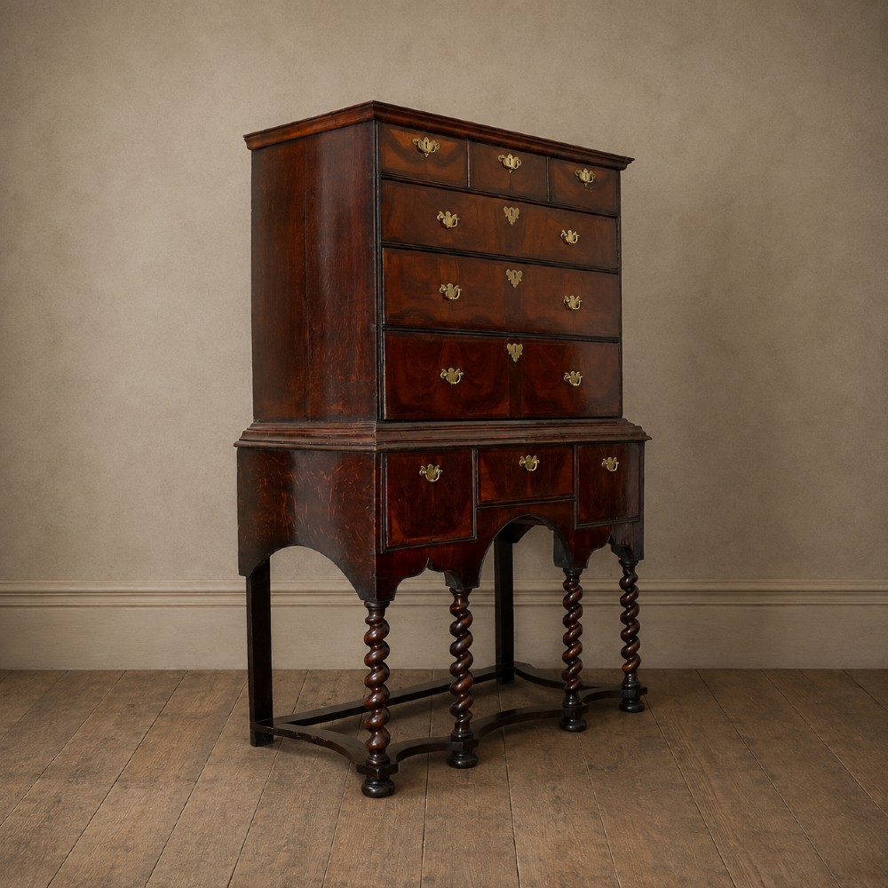 A George I period figured walnut chest on stand featuring engraved brass escutcheons and six barley-twist legs. View III
