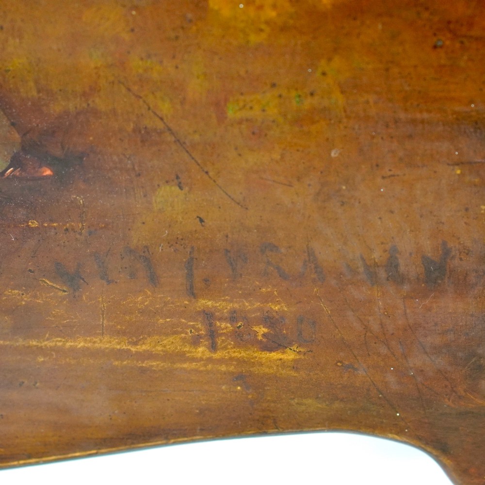 A two-tier continental side table featuring hand-painted figural scenes on shaped wooden surfaces, supported by turned gilt legs. View V