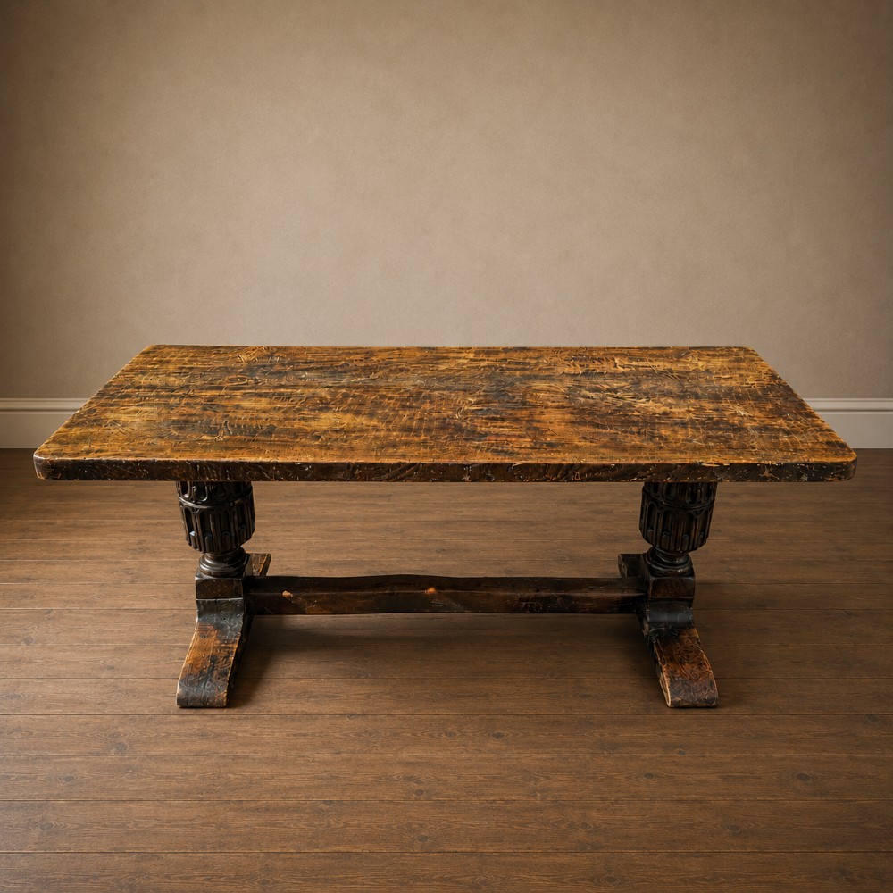 A 17th-century oak and elm refectory dining table featuring a solid single-plank top over thick carved bulbous pedestal supports and a low central stretcher rail.