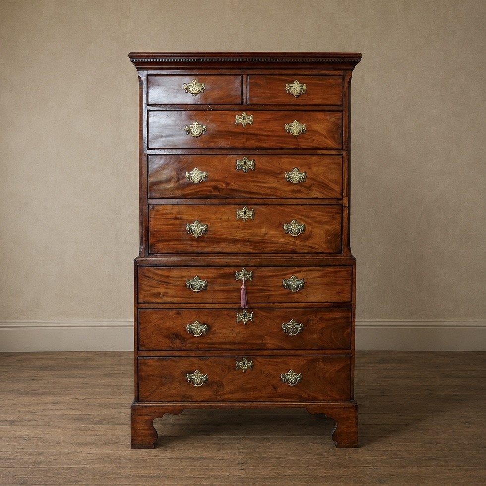 A late 18th-century George III mahogany chest on chest featuring brass swan-neck handles, keyhole escutcheons, dentil moulding, and bracket feet.