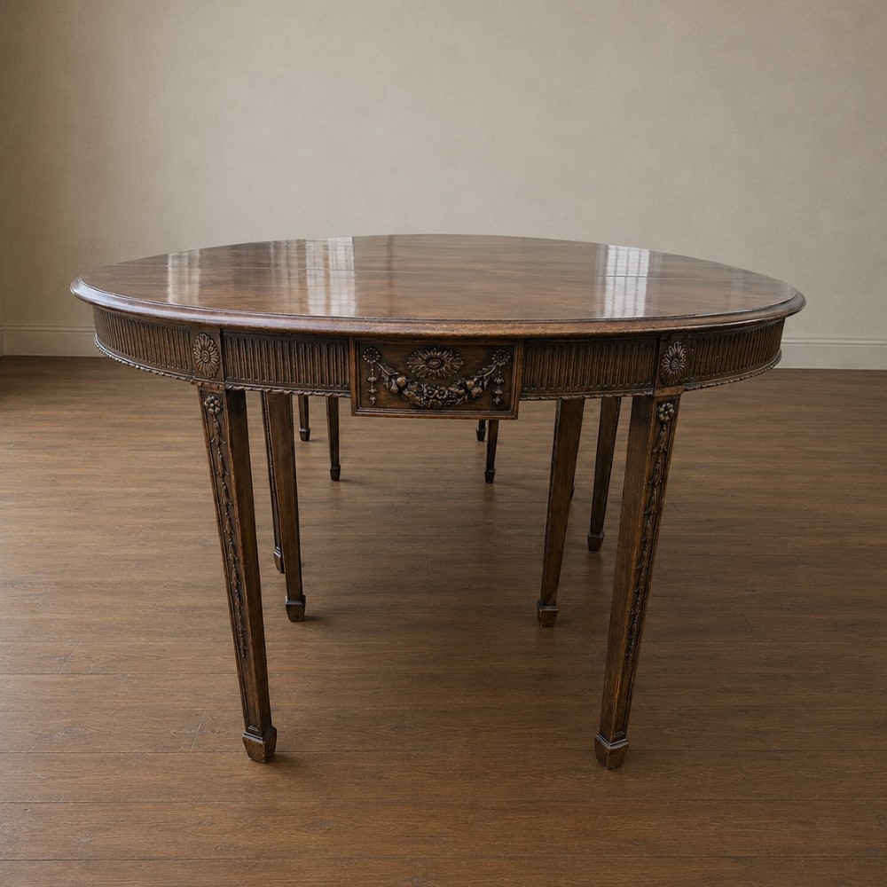A long late George III mahogany extending dining table with D-shaped end sections, fluted friezes, carved paterae, and square tapered legs. View X