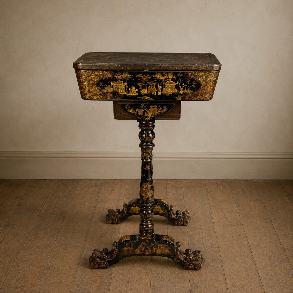 A Regency era black lacquered work table featuring detailed gold chinoiserie motifs, turned legs, a stretcher base, and carved paw feet. View XIV