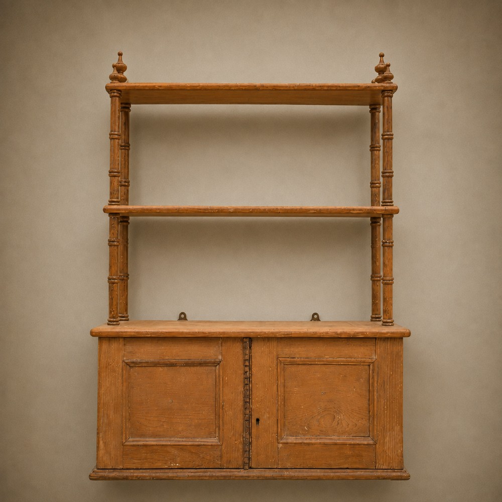 19th Century Pine Wall Shelves with Cupboard Antique Kitchen Rack