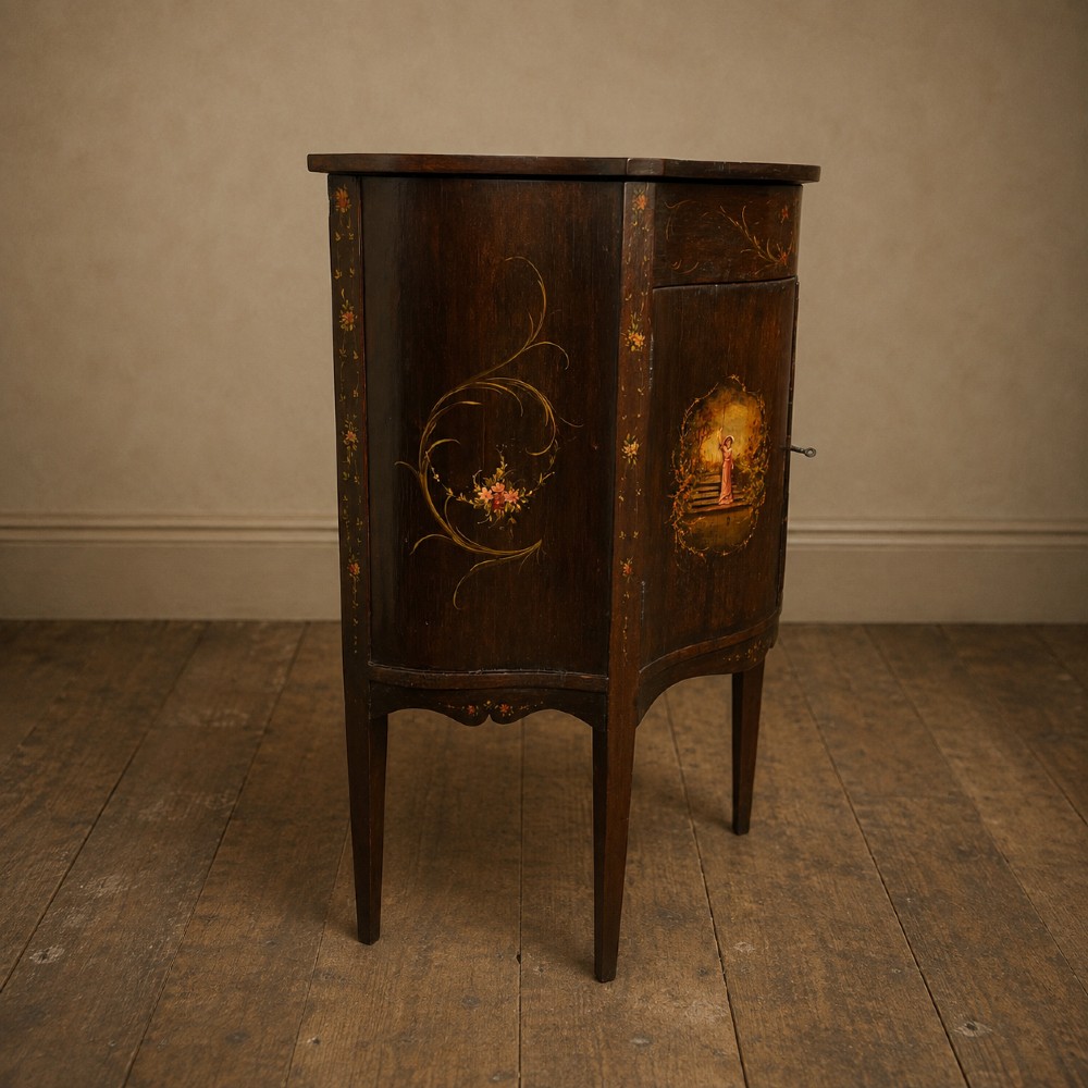 A dark mahogany serpentine-front side cabinet with hand-painted floral swags and figurative door panel vignettes resting on slender square tapered legs. View XIV