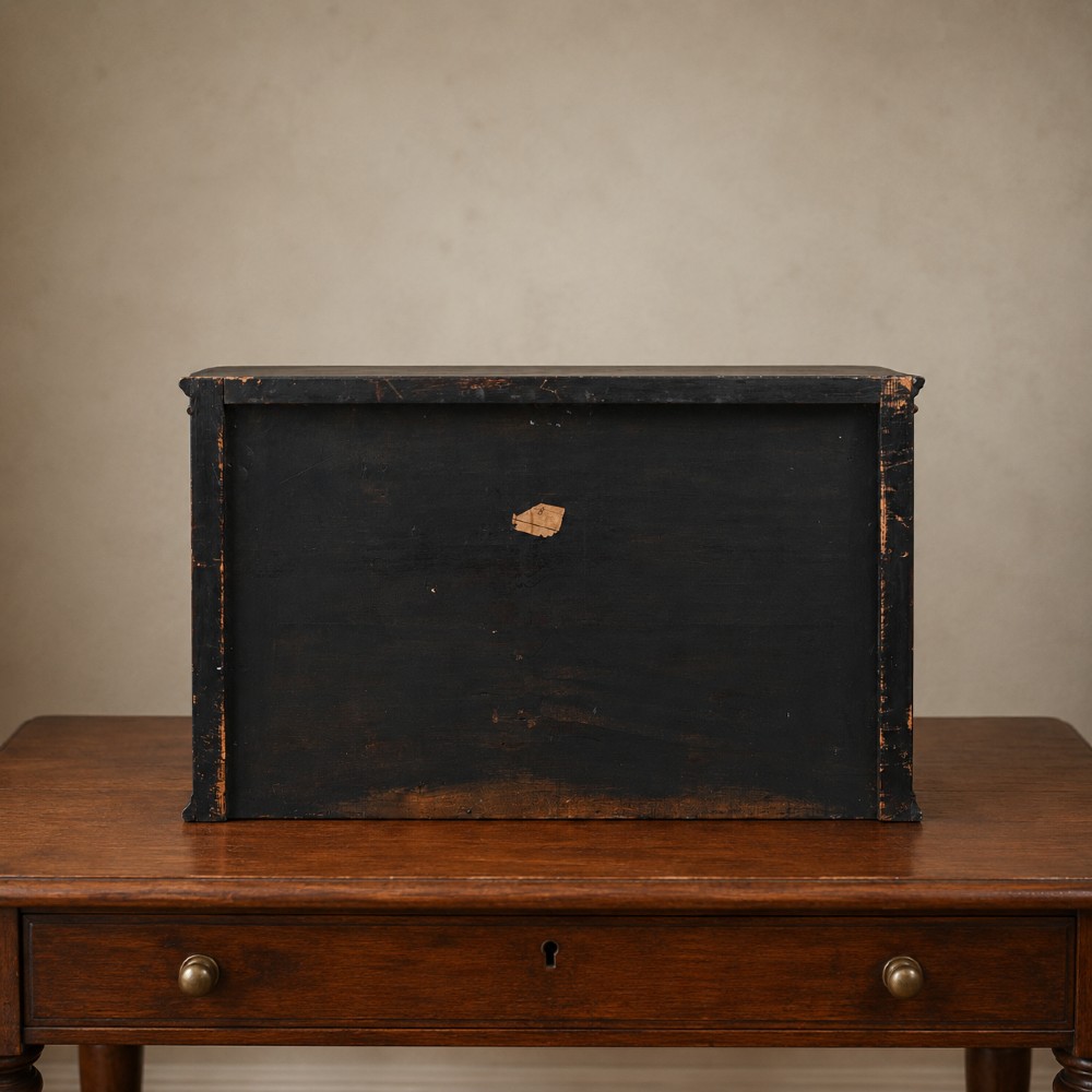A Regency period dark rosewood tabletop collectors cabinet featuring twin banks of small drawers flanking a central mirrored shelf unit with Gothic arched carving. View X