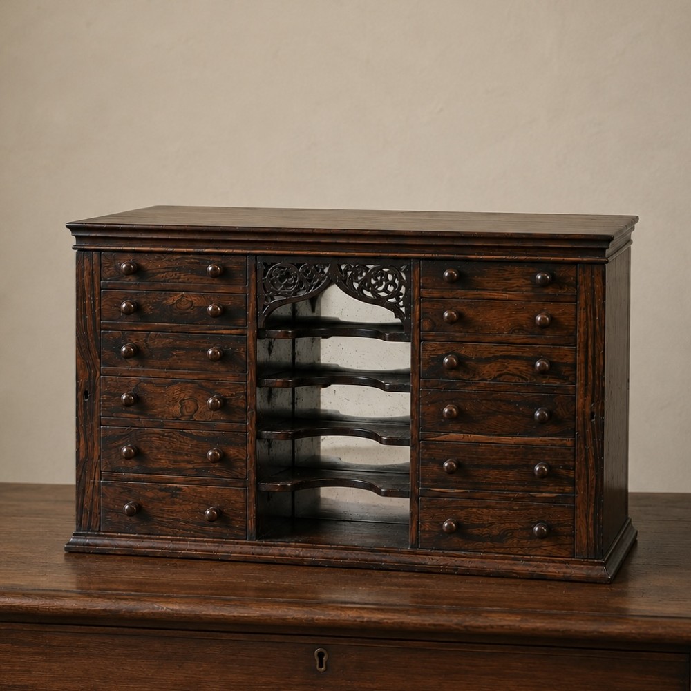 A Regency period dark rosewood tabletop collectors cabinet featuring twin banks of small drawers flanking a central mirrored shelf unit with Gothic arched carving. View XIII