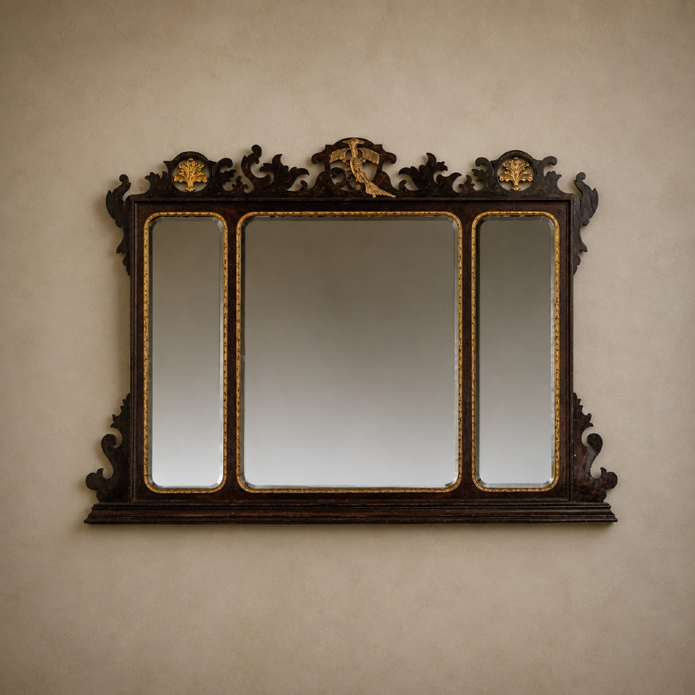 A dark mahogany triptych overmantel mirror with carved pierced fretwork, three mirror panels, and a gilded ho-ho bird cresting.