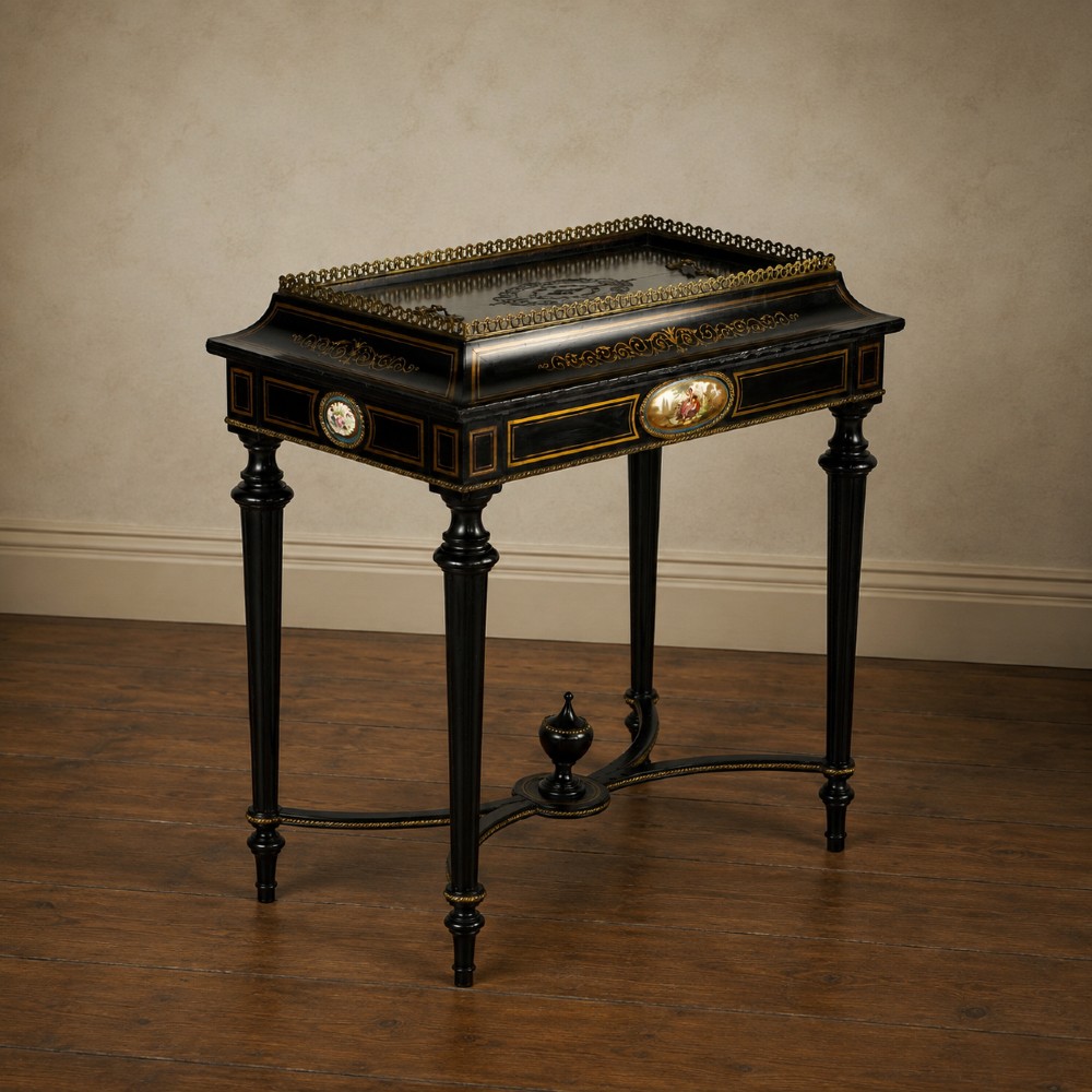 A French Napoleon III ebonised jardiniere stand featuring gilt highlights, inset painted porcelain plaques, a pierced brass gallery top, turned legs, and an arched lower stretcher. View XIV