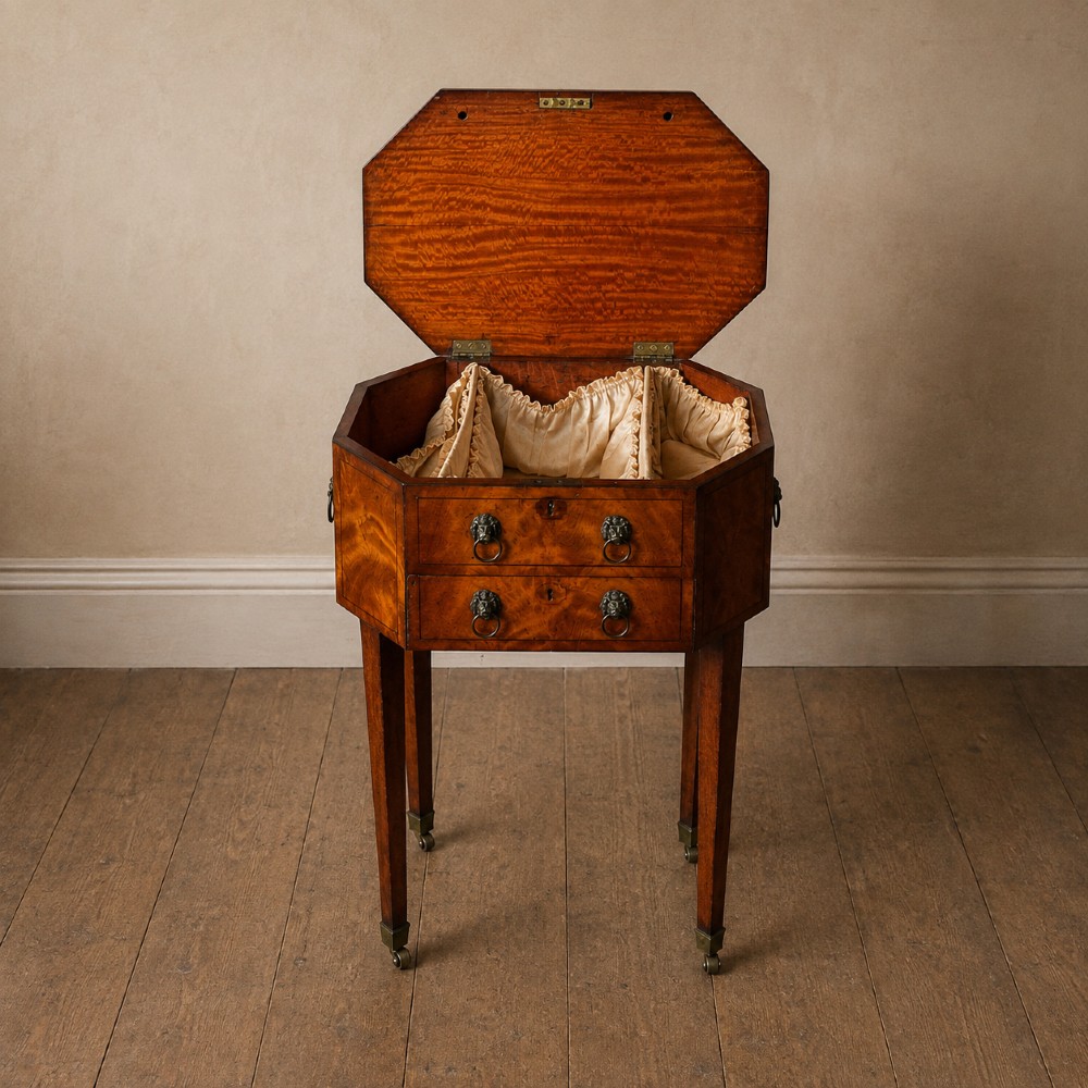 An octagonal George III satinwood work table with two drawers, lion mask ring handles, and tapered legs ending in brass castors. View X