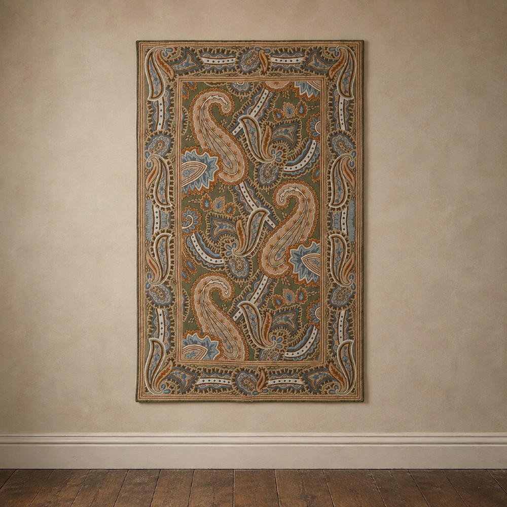 A rectangular crewelwork embroidered textile panel featuring large paisley motifs in terracotta, blue, and cream on a sage green background with a decorative border. View IX