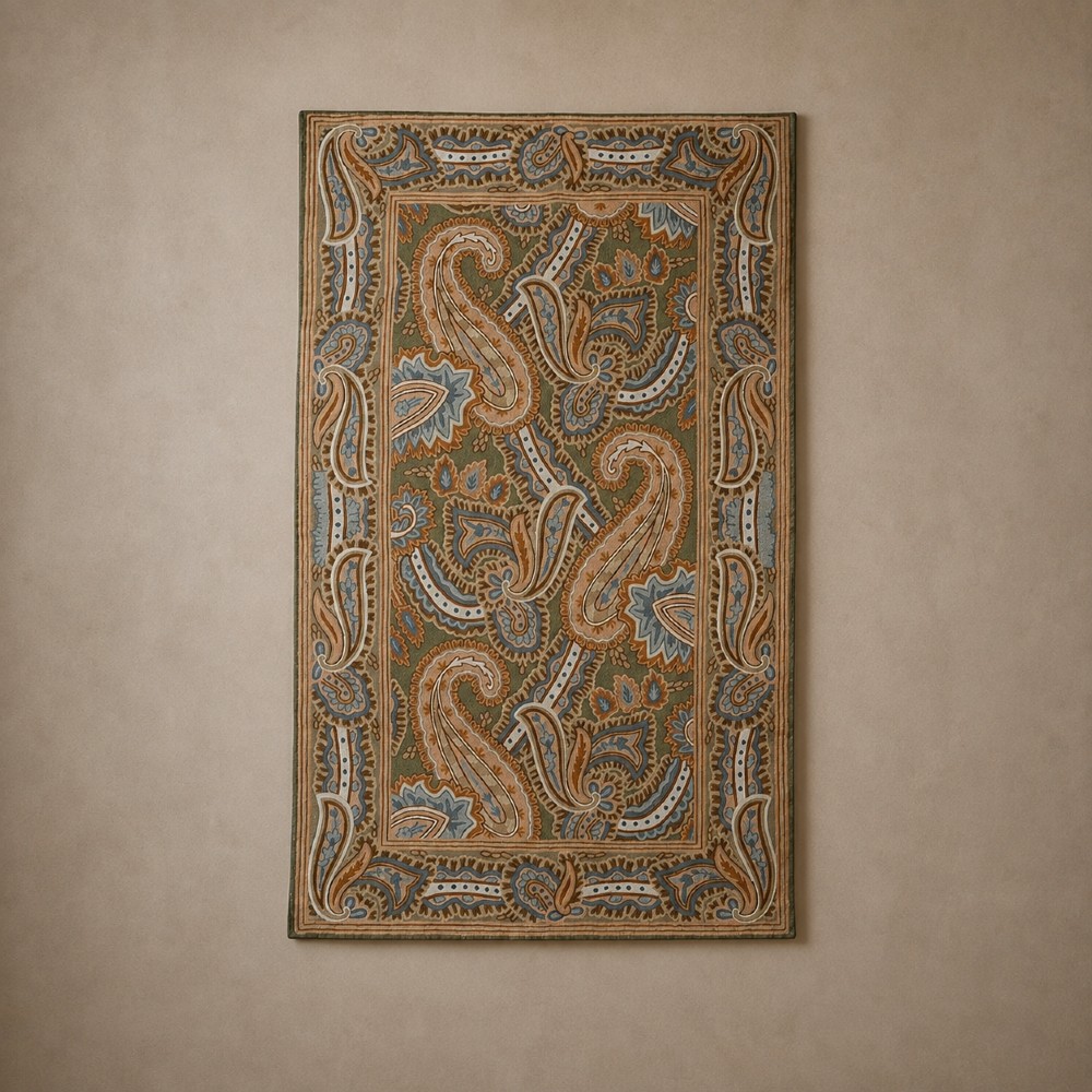 A rectangular crewelwork embroidered textile panel featuring large paisley motifs in terracotta, blue, and cream on a sage green background with a decorative border.